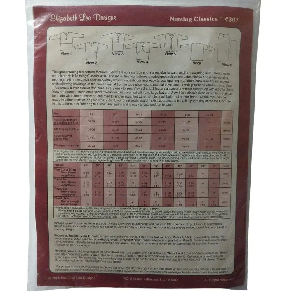 Elizabeth Lee Designs Sewing‎ Pattern Womens Top Sizes 4-20 Nursing Classics 307